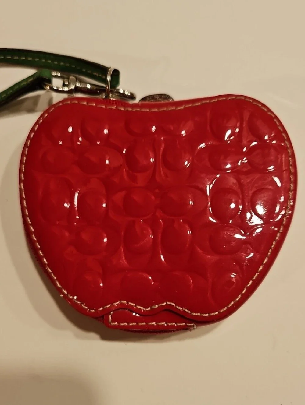 COACH RED PATENT LEATHER APPLE COIN PURSE, KEYCHAIN, WRISTLET.